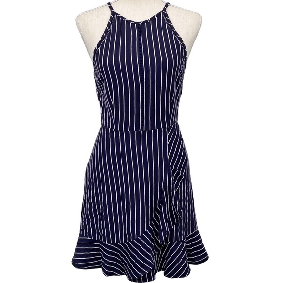 Xtraordinary Mini Dress Halter Neck w Faux Wrap Ruffle Skirt Striped Sz XS - Picture 1 of 11